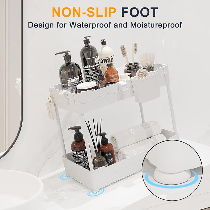 Sevenblue 2 Pack Under Sink Organizer, Under Bathroom Cabinet Organizer with Hooks Hanging Cup, Multi-Purpose Storage Shelf for Kitchen Bathroom (White, 14.8 Inch)