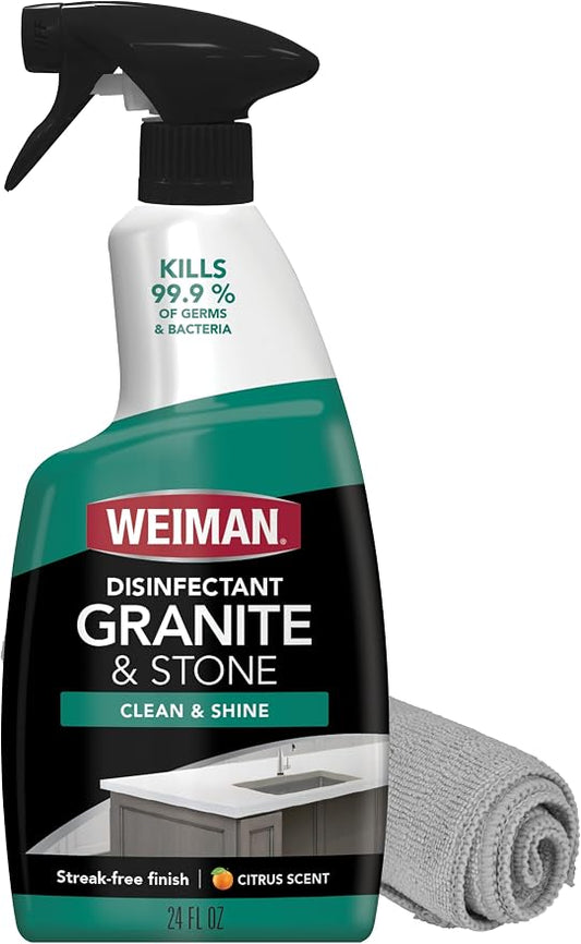 Weiman Disinfectant Granite Cleaner and Polish With Microfiber Cloth - Safely Clean Disinfect and Shine Granite Marble Soapstone Quartz Quartzite Slate Limestone Corian Laminate Tile Countertop