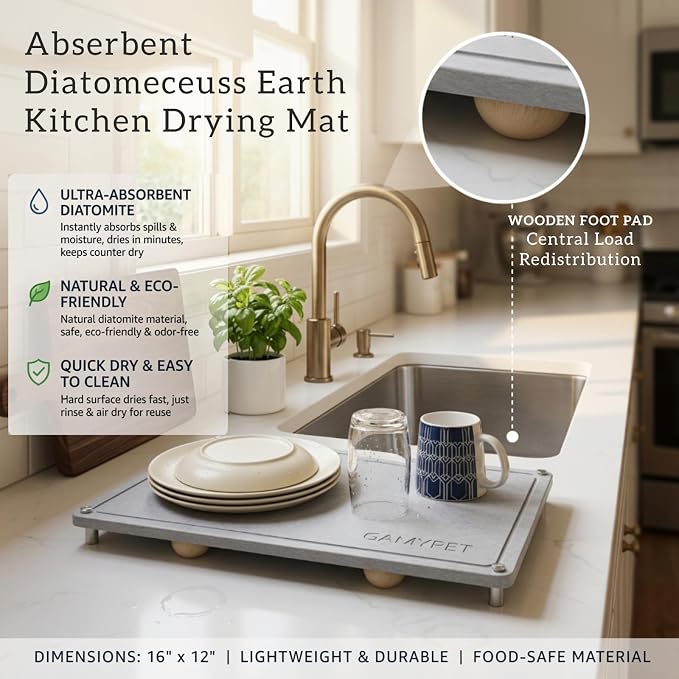 Stone Drying Mat 24"x16" Stone Dish Drying Mat for Kitchen Counter | Natural Diatomaceous Earth Absorbs Fast While Elevated Steel Feet Improve Airflow And Curved Wood Supports Prevent Sagging