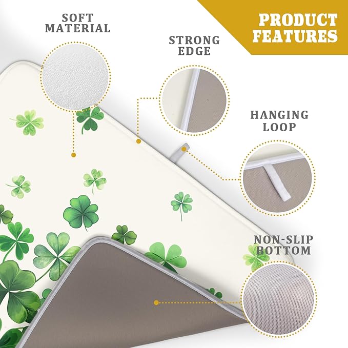Happy St. Patrick's Day Dish Drying Mat for Kitchen Green Kitchen Dish Drying Mat for Dishes Spring Lucky Clover Shamrock Drying Mats 18x24 Inch Absorbent Reversible Dish Pad for Countertop Coffee Bar