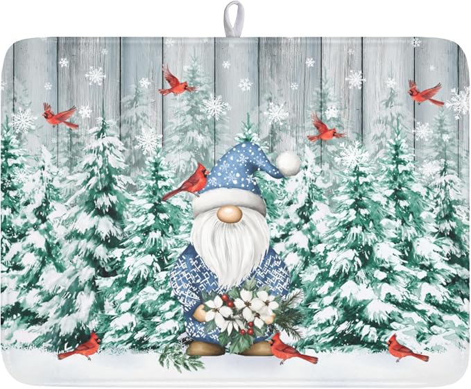 Giwawa Winter Gnome Dish Drying Mat Pine Tree Dishes Pad 18"x24" Microfiber Absorbent Fast Dry Drainer Rack Mats Protector for Kitchen Countertop