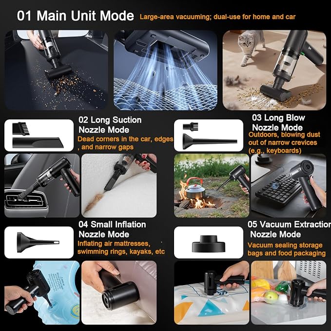 Handheld Car Vacuum Portable Cordless Interior Cleaner, 20000Pa Ultra-Strong Suction & Air Duster, Brushless Motor & HEPA Filter, 100W High Power Mini Vacuum Cleaning Kit for Home, Office, Pet Hair