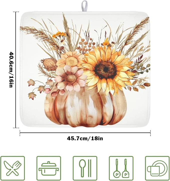 Fall Sunflower Dish Drying Mat for Kitchen Counter 16 x 18 Inch Autumn Orange Pumpkin Dish Drainer Mat Absorbent Microfiber Thanksgiving Harvest Dish Rack Pad for Coffee Dining Bar Decor