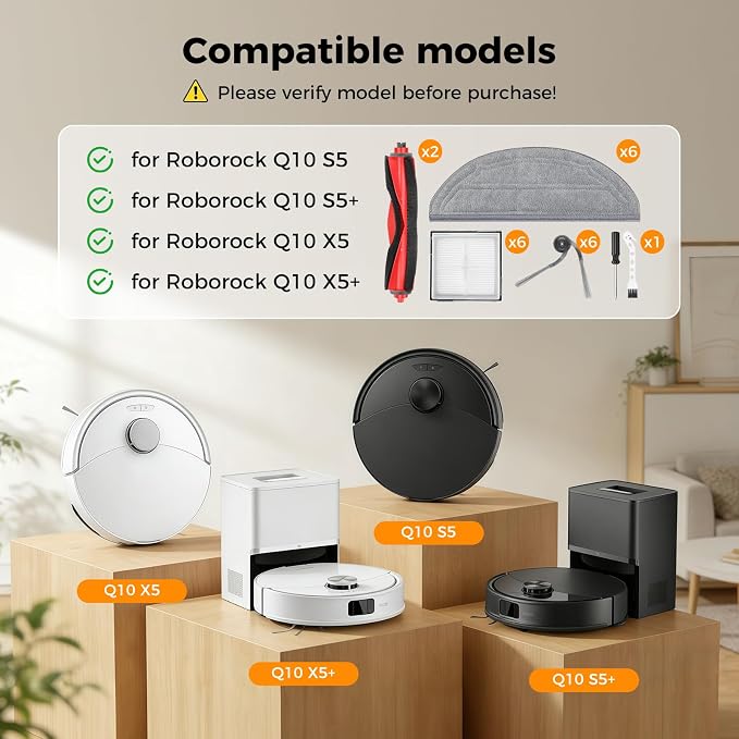 22 Pack Accessories Kit Compatible with Roborock Q10 S5 Robot Vacuum | 2 Main Brushes, 6 Side Brushes, 6 Mop Pads, 6 HEPA Filters, 1 Screwdriver, 1 Cleaning Tool, Q10 S5+/Q10 X5/Q10 X5+ Parts