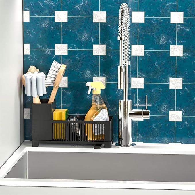 Sink Caddy & Kitchen Sink Organizer,Black Sponge Holder with High Scrub Brush Holder,Plastic Kitchen Countertop Organizer,Multifunctional Sponge Drain Rack,Dish Soap,Dish Sponge Holder,Soap Dispenser
