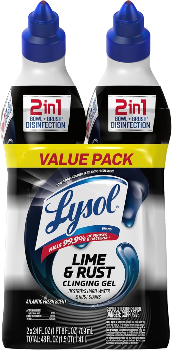 Lysol Lime & Rust Toilet Bowl Cleaner Liquid, For Limescale, Rust & Hard Water Stains, Septic Safe, Clinging Gel, Disinfects, Sanitizes & Deodorizes, Bathroom Cleaning Supplies, 24oz (2 Pack)