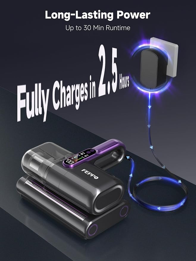 FEPPO Cordless Mattress Vacuum Cleaner, 18Kpa Bed Vacuum with 253.7nm UV-C Light, Ultrasonic, Dust Sensor & LED Display, 52800 BPM Handheld Vacuums for Bed, Sofa, Couch, Crib