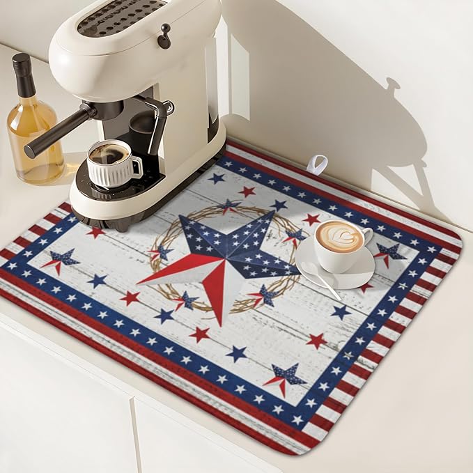 4th of July Patriotic Dish Drying Mat for Kitchen Counter Vintage Red and Blue Star Microfiber Dish Drainer Mat Country Absorbent Washable Drying Pad 16"x18"
