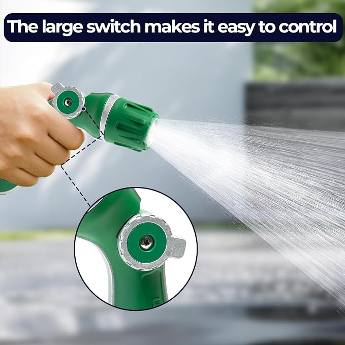 HugeDawn Garden Hose Nozzle, Heavy Duty High Pressure Metal Hose Spray Nozzle with 30% Greater Water High Flow, 3 Spray Patterns, Non-Slip Thumb Control for Quick Watering & Cleaning (Green)