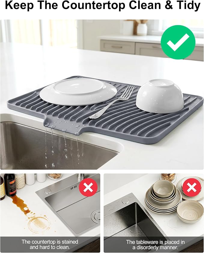 Silicone Dish Drying Mat, Stone Drying Mat for Kitchen Counter with Built-In Drain, Non-Slip Drain Pad with Built-in Drain, Heat Resistant Stone Drying Mat, 1Pcs 19.7" x 15", Grey