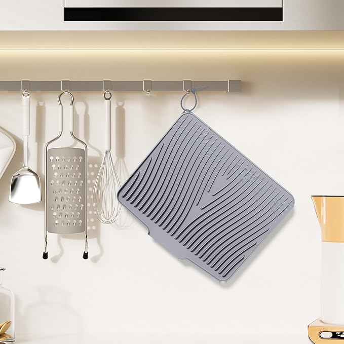Silicone Dish Drying Mat for Kitchen Counter, 15.8"x13" Extra Large Non-Slip Drain Pad with Built-in Drainage, Heat Resistant Dishwasher Safe, Grey