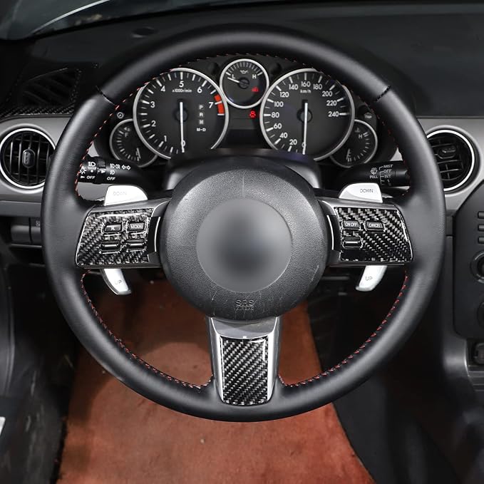 Carbon Fiber Style Steering Wheel Button Cover Fit for Mazda MX-5 RF Miata 2009-2014, Car Steering Wheel Panel Protection Frame Molding Sticker Trim, 3PCS (Carbon Fiber, Black)