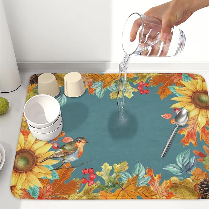 Fall Sunflower Dish Drying Mat for Kitchen Counter 18 x 24 Inch Autumn Orange Leaf Dish Drainer Mat Absorbent Microfiber Thanksgiving Harvest Dish Rack Pad for Coffee Dining Bar Decor