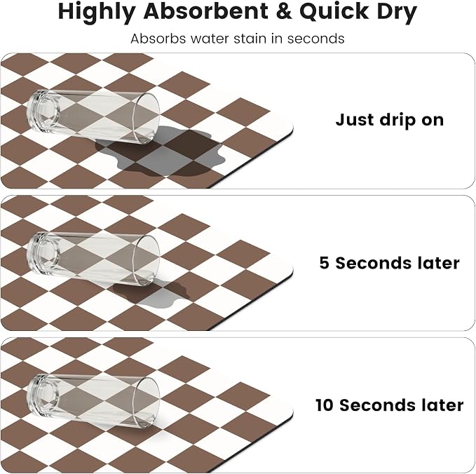 Checkered Dish Mat for Kitchen Coffee Station, 12" x 20"Coffee Brown | Quick Drying & Absorbent Mat for Coffee Bar Espresso Machine Countertops Accessories