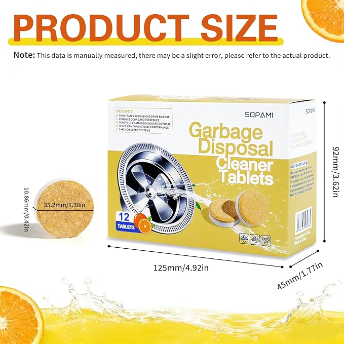 SOPAMI Garbage Disposal Cleaner Deodorizer Tablets 12 Pack 1 Year Supply | Powerful XL Foaming Sink Garburator Disposer Freshener, Natural Kitchen Drain Cleaning Care with Fresh Citrus Scent
