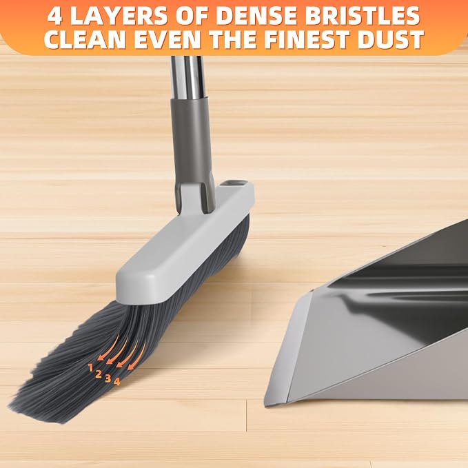 Broom with Dustpan Combo Set, Lightweight Standing Metal Dust Pan with Teeth, Home Essentials Suitable for Home Kitchen Lobby Room Office, Grey