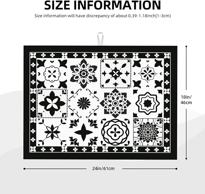 Retro Black Pattern Dish Drying Mat For Kitchen Counter, Super Absorbent Microfiber Dish Drying Pad, Kitchen Gadgets For Easy Clean Multi-Use Large 18"x24"