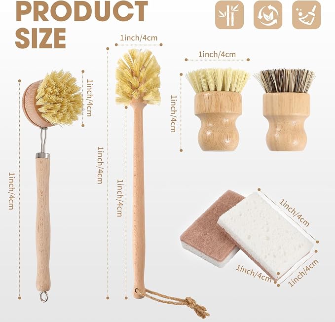 6 Pack Bamboo Dish Brush & Sponge Set, Wooden Handle Kitchen Scrub Brushes with Natural Sisal & Palm Fiber Heads, Multi-Purpose Dishwashing Cleaner for Dishes, Pots, Bottles, Vegetables