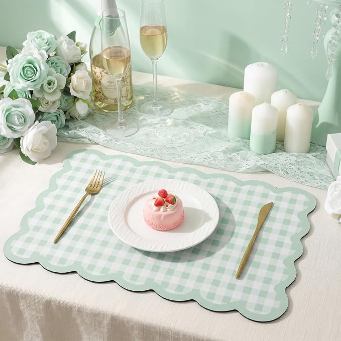 Scalloped Gingham Coffee Mat 12" x 20" Absorbent Coffee Bar Mat Gingham Espresso Matt for Counter(Green)