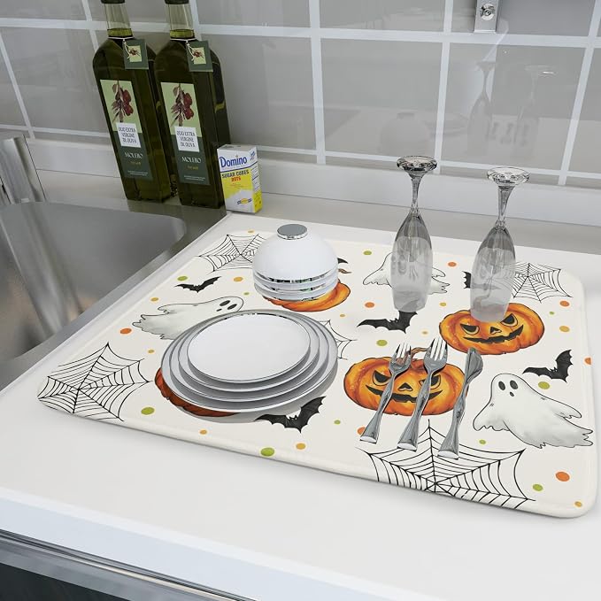 Halloween Dish Drying Mat for Kitchen Counter Ghost Pumpkin Festival Microfiber Absorbent Dish Draining Reusable Washable Foldable Extra Large 18"x24"