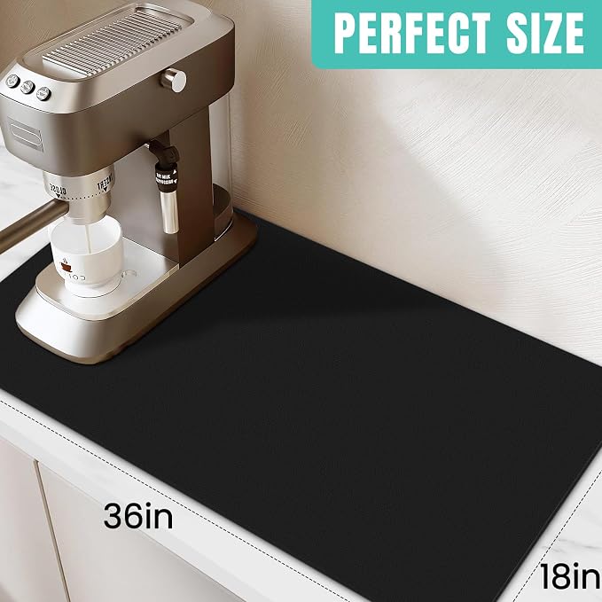 WISELIFE Coffee Mat Super Absorbent Dish Drying Mat Coffee Bar Accessories Match with Machine Large Drying Mats for Kitchen Counter 18" W x 36" L, Black