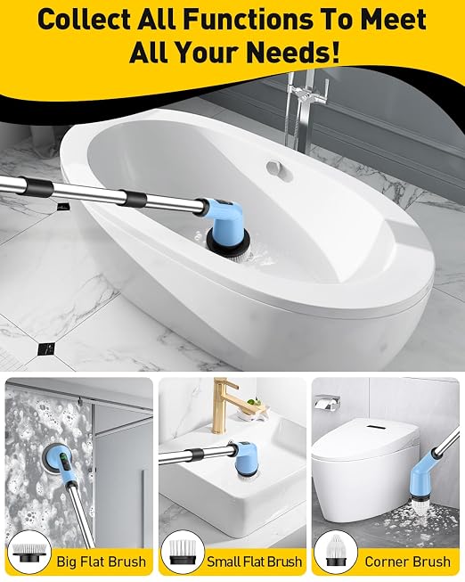 Shower Scrubber with Long Handle, Shower Cleaner Brush with 8 Brush Heads, Cordless Electric Spin Scrubber for Cleaning with 2 Speed, Cleaning Supplies for Bathroom Bathtub Kitchen Floor Tile Toilet