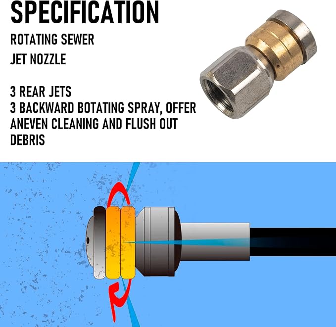 Hourleey Sewer Jetter Kit for Pressure Washer 100FT, Drain Cleaner Hose 1/4 Inch NPT, Orifice 4.0 Button Nose and Rotating Sewer Jetting Nozzle Spanner Tape Pearl Corsage Pin, 4000 PSI