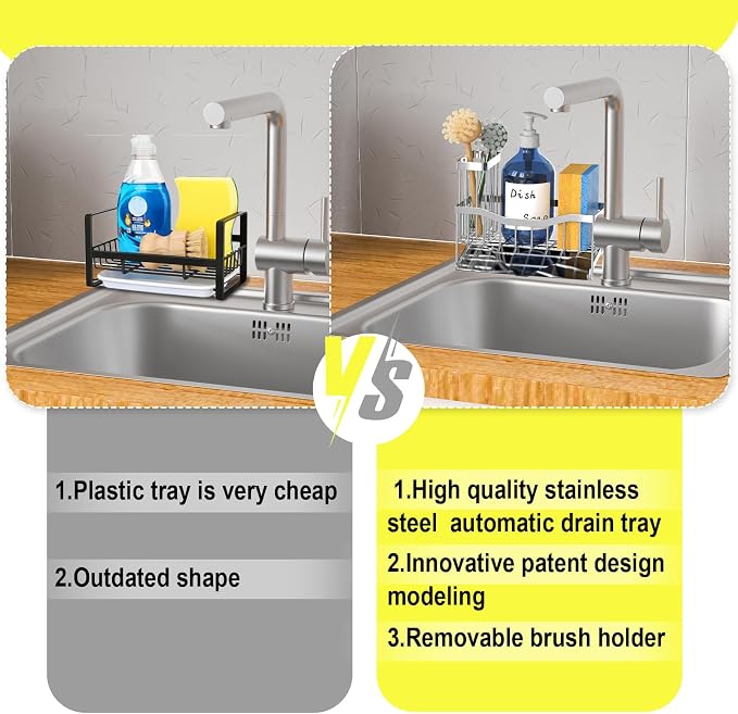 Fssvcd Maifan Sink Caddy Sponge Holder for Kitchen with Brush Holder and Stainless Steel Self Drain Tray, Rustproof Kitchen Sink Organizer for Sponge, Soap Dispenser Storage Accessories