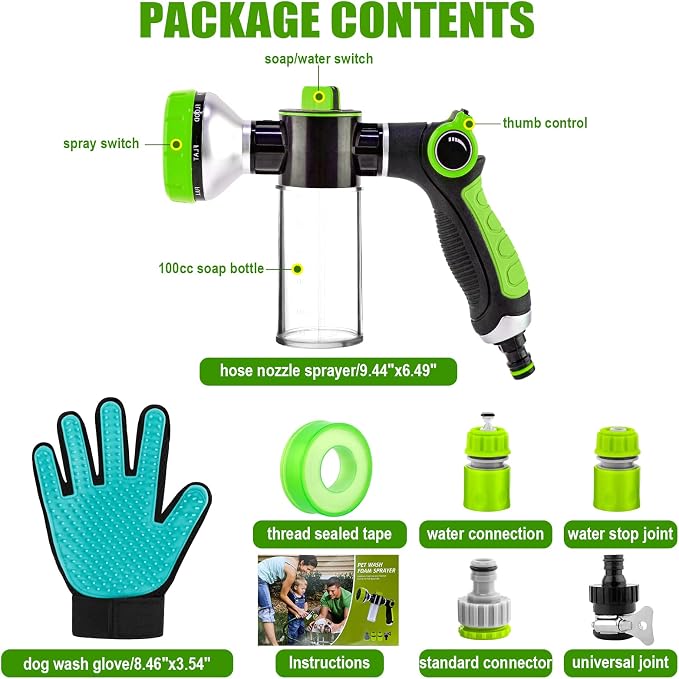 Upgraded Dog Wash Hose Attachment, 8-in-1 Sprayer Mode Garden Hose Nozzle | with Pet Grooming Glove, 100cc Soap Dispenser Bottle, Adopted in Watering Flowers, Car Wash, Dog and Horse Showering