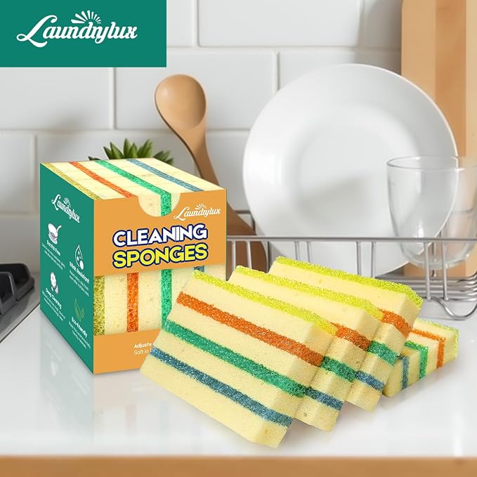 LAUNDRYLUX 12 Pack Scrub Sponge - Temperature-Responsive - 50% More Power & Rinses Cleaner Cleaning Sponges, Multipurpose Dish Sponges for Kitchens, Bathrooms, and Outdoor Use - Patent Pending