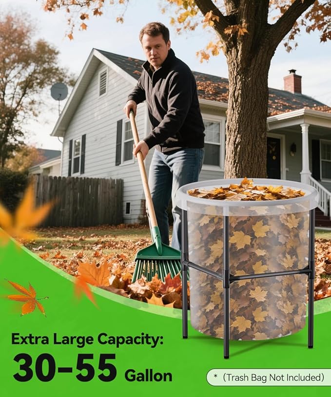 Garden Trash Bag Holder, 30-55 Gallon Outdoor Leaf Bag Holder, L | Lawn Yard Waste Bag Stand Metal Frame Holders with Adjustable Feet, Detachable Legs for Leaves, Yard Waste, Camping (L)