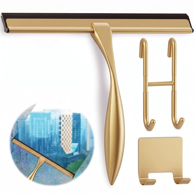 Gold Squeegee for Shower Glass, 14" Silicone Blade, Stainless Steel | Shower Door Squeegee with Hook, Adhesive Mount; All-Purpose Bathroom Tile, Mirror, & Window Wiper for Streak-Free Cleaning