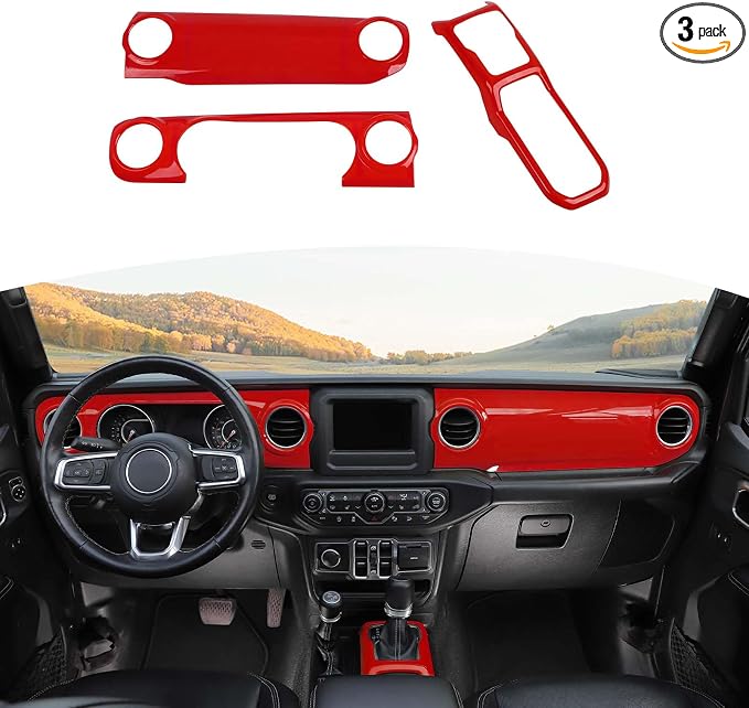 RT-TCZ for Wrangler JL Dash Trim Cover Red, Gear Shift Panel Trim Frame for Jeep Wrangler JL JLU Gladiator JT 2018-2023 Red Interior Accessories 3pcs