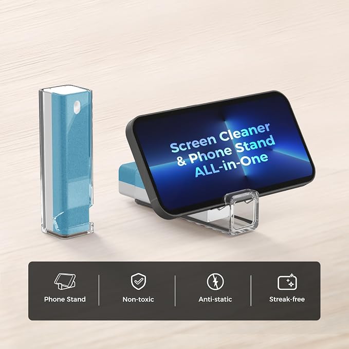 CLICK CLEAN Screen Cleaner Spray with Phone Stand Case & Microfiber | 2-in-1 Cleaner & Phone Stand, Streak-Free Cleaning, Gentle Formula, For Phone Laptop Tablet Screens, Light Blue, 0.5oz