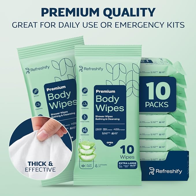 100 Large Shower Wipes – Body Wipes for Adults Bathing No Rinse – 10 Packs of 10 – Extra Moist Bath with Aloe & Vitamin E for Camping, Travel, Gym & Bedridden Care