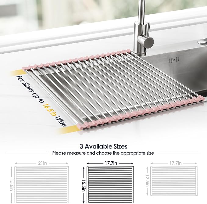 Tomorotec 17.7" x 15.5" Roll Up Dish Drying Rack Over Sink Drying Rack Sink Cover Kitchen Sink Accessories Gadget Multipurpose Organizer Foldable Stainless Steel Drainer
