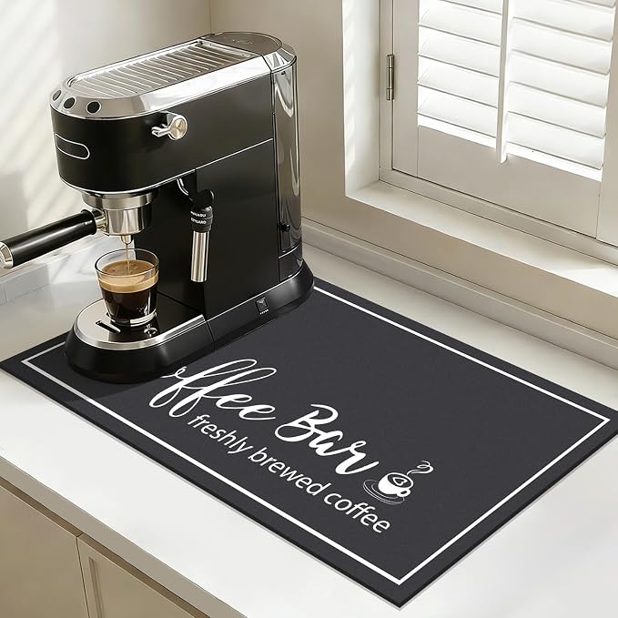 Findosom 12"x 20" Dish Drying Mat, Super Absorbent & Cuttable Coffee Mat, Hide Stain Bar Mat for Kitchen Counter, Coffee Bar Accessories, Black