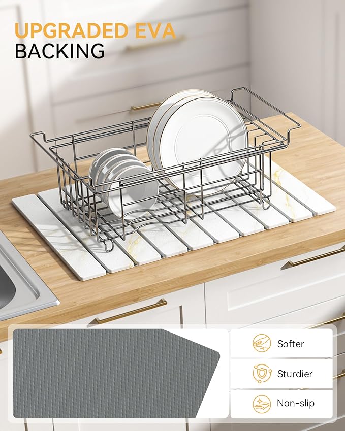 Yofidra Large Stone Dish Drying Mat for Kitchen Counter, Quick Dry Stone Mats with Absorbent Diatomaceous Earth, Foldable Roll Up Drying Organizer Pad for Utensils Plate, 24"×16", White Gold Marble