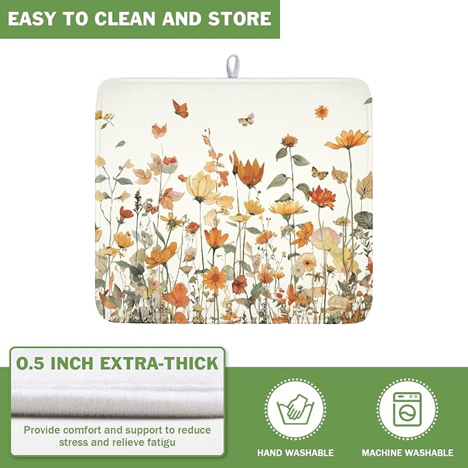 Fall Floral Dish Drying Mat for Kitchen Counter Orange Rustic Vintage Wildflower Pattern Microfiber Dish Drainer Mat Autumn Absorbent Washable Drying Pad Extra Large 16"x18"