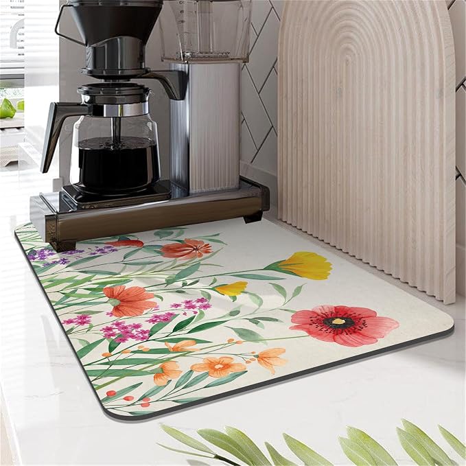 LOKHOM Dish Drying Mat for Kitchen Counter, 12"x20" Absorbent Coffee Bar Mat with Spring Floral, Dish Drainer Rack Mat for Kitchen Counter Coffee Maker, Dining Room Decoration