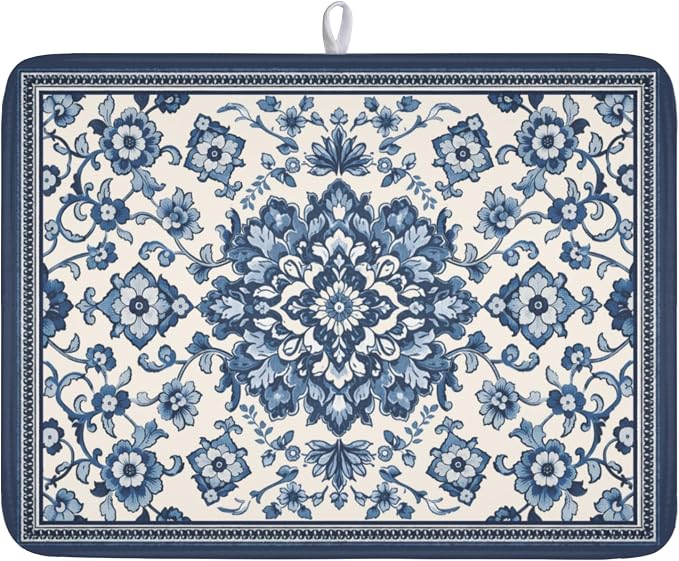 Blue Floral Dish Drying Mat for Kitchen Counter Vintage Flower Pattern Microfiber Dish Drainer Mat Rustic Farmhouse Absorbent Washable Drying Pad Extra Large 18"x24"