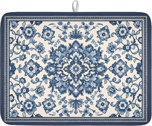 Blue Floral Dish Drying Mat for Kitchen Counter Vintage Flower Pattern Microfiber Dish Drainer Mat Rustic Farmhouse Absorbent Washable Drying Pad Extra Large 18"x24"
