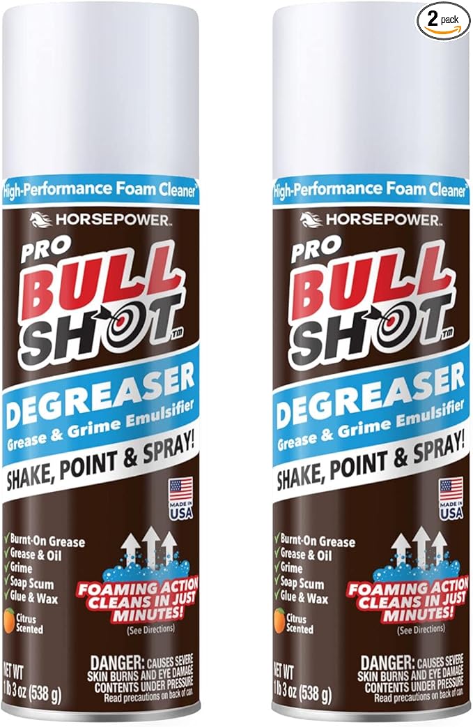 Bull Shot Degreaser Pro, Foaming Degreaser & Grime Remover, Professional Strength AS SEEN ON TV Residue-Free, Shake, Point & Spray, Emulsifies Grease, Oil, Glue, Residue & More - Made in USA - 2PK