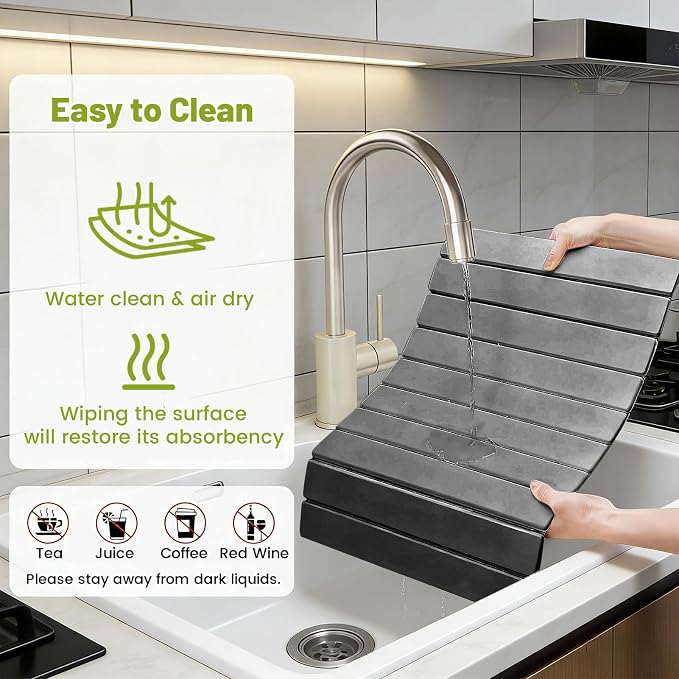 Large Stone Dish Drying Mat for Kitchen Counter, 24"x16" Collapsible Quick Dry Stone Dishes Mats, Water Absorbent Diatomaceous Earth Mats for Bottles Cups Dishes, Match Any Countertop