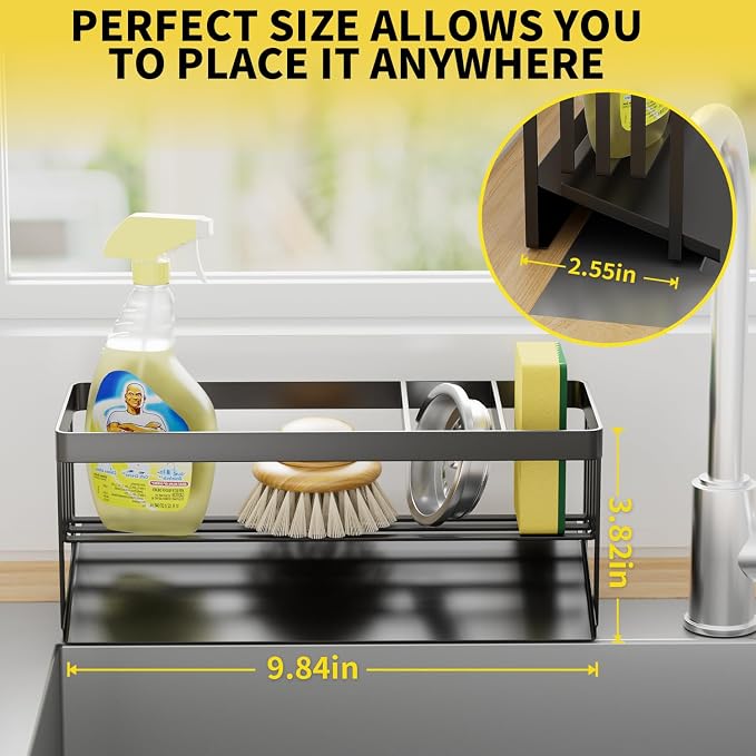 Kitchen Sink Caddy Organzier with Sponge Holder and Removable Drip Tray for Kitchen Sink, 304 Stainless Steel Organize for Sponge Soap Dish Brush Storage Accessories(Black)