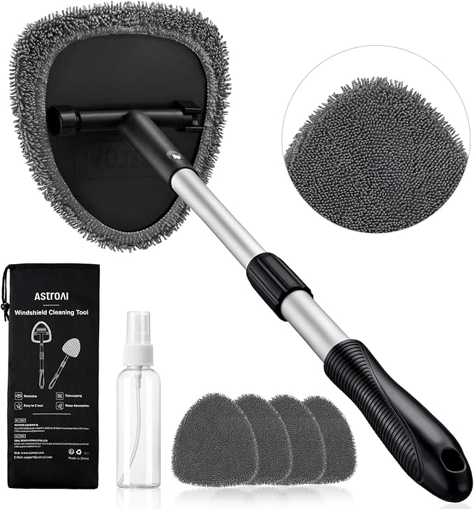 AstroAI 21" Extra-Long Windshield Cleaner Tool, Car Interior Detailing Cleaning Kit with Extendable Handle and 4 Upgraded Reusable Microfiber Pads, Auto Glass Wiper Brush Kit for Cars, Gray