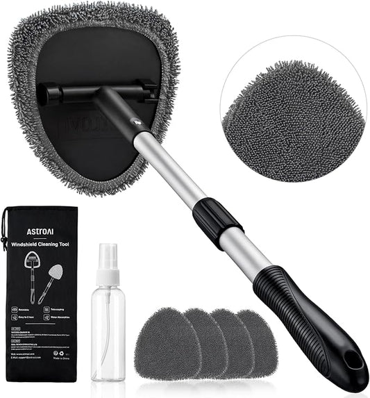 AstroAI 21" Extra-Long Windshield Cleaner Tool, Car Interior Detailing Cleaning Kit with Extendable Handle and 4 Upgraded Reusable Microfiber Pads, Auto Glass Wiper Brush Kit for Cars, Gray