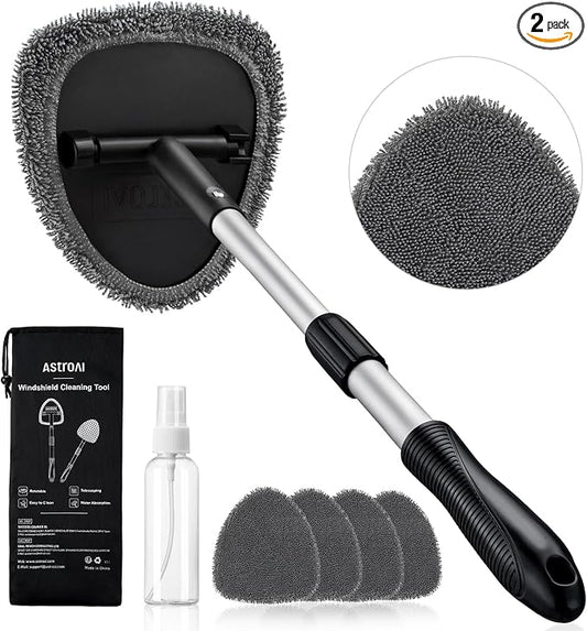 AstroAI 21" Extra-Long Windshield Cleaner Tool, Car Interior Detailing Cleaning Kit with Extendable Handle and 4 Upgraded Reusable Microfiber Pads, Auto Glass Wiper Brush Kit for Cars, Gray, 2 Pack