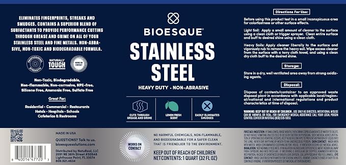 Bioesque Stainless Steel Cleaner & Polish, Heavy Duty, Non-Abrasive, 32 Fl Oz (Pack of 1)