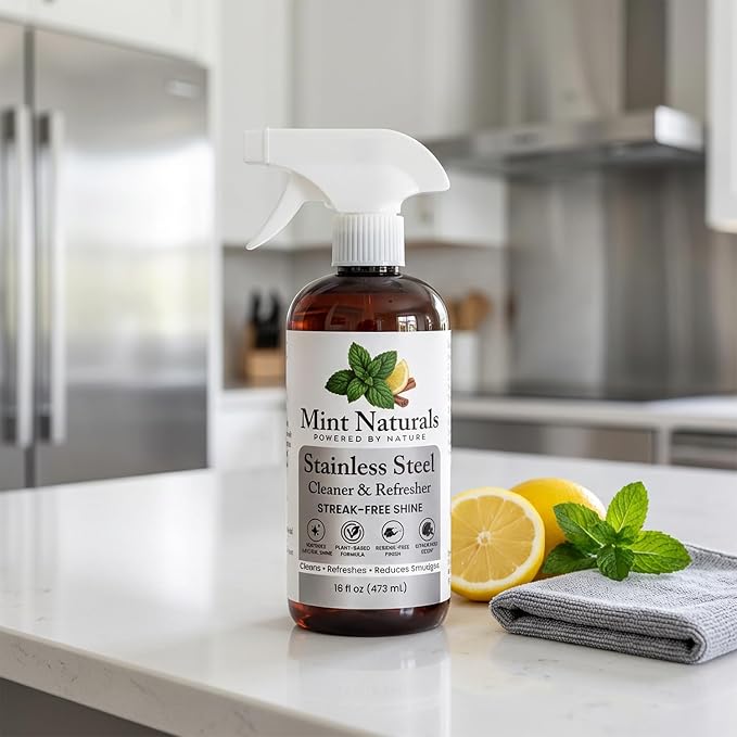 Natural Stainless Steel Cleaner & Polisher - Fingerprint Resist 16oz | Made in USA with USDA Organic Peppermint Oil by Mint Naturals